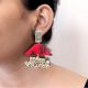 Red Printed Swan And Silver Ghungroo Earrings